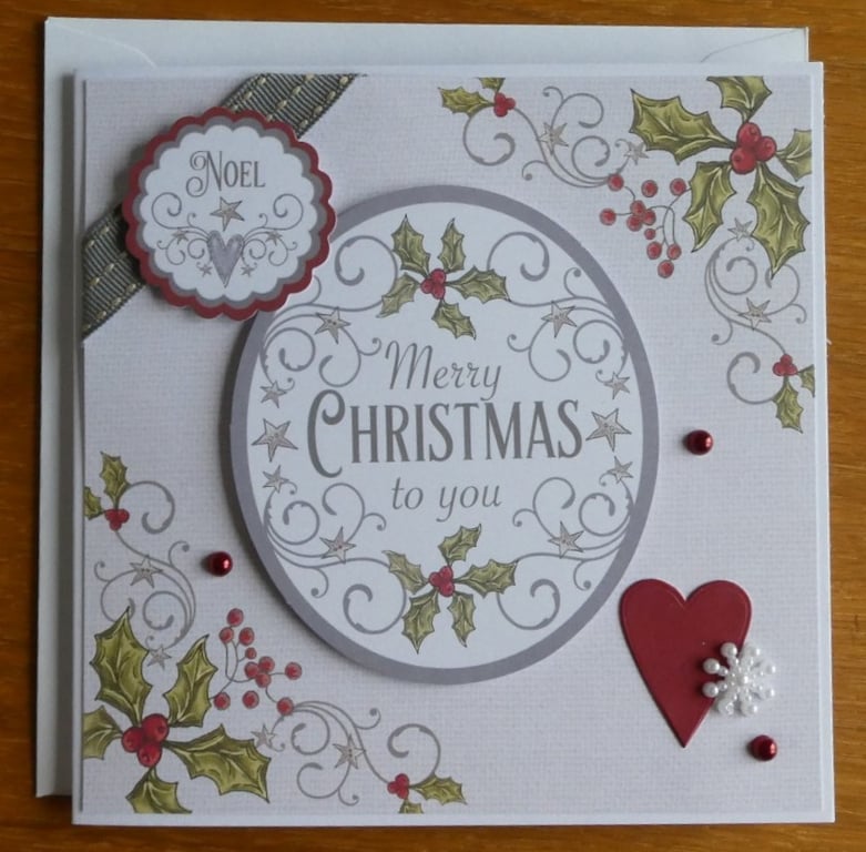 Hearts & Holly Christmas Card - Merry Christmas