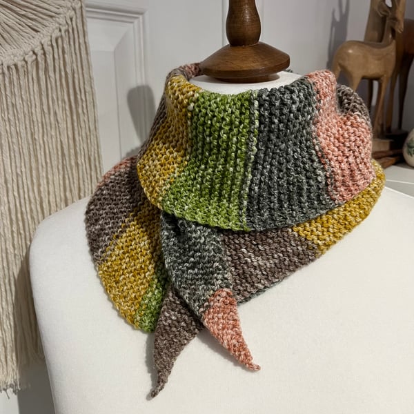 Cotton mix yarn Mustard Green earthy colours wrap scarf neckerchief 120cms long 