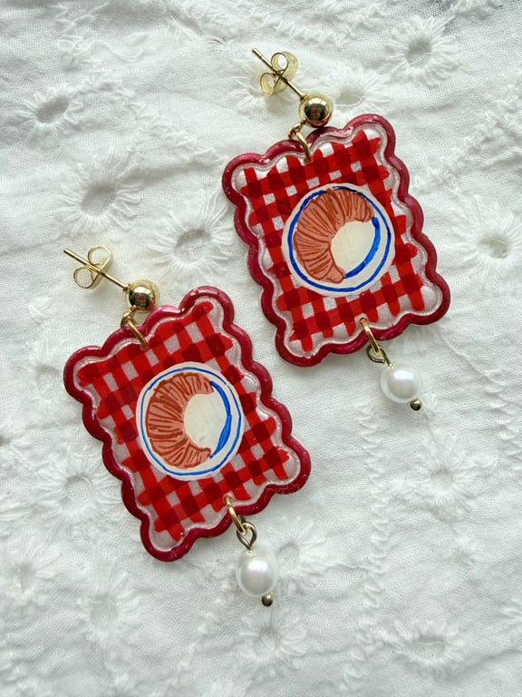 Summer Picnic Croissant Red Gingham Earrings