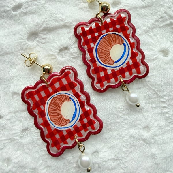 Summer Picnic Croissant Red Gingham Earrings