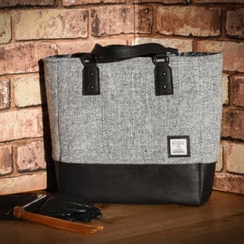 Grey and black Harris Tweed and black cork tote bag