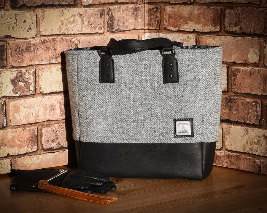 Grey and black Harris Tweed and black cork tote bag