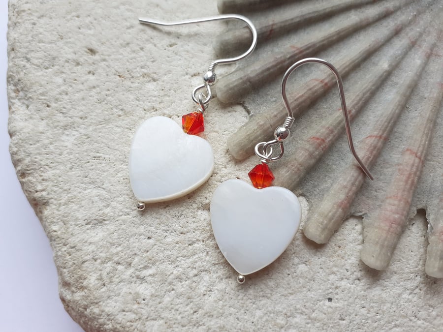 Mother of Pearl Heart earrings with Red Bi-Cone Crystals