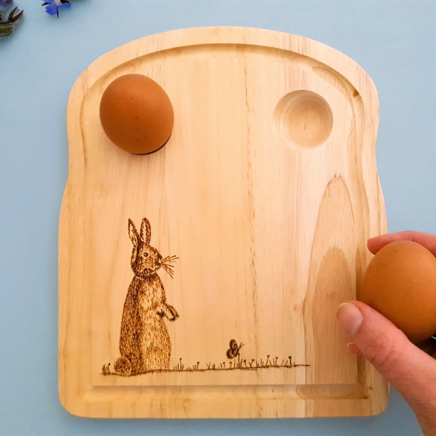 Personalised Breakfast Egg and Toast Serving Board. Engraved Rabbit Design