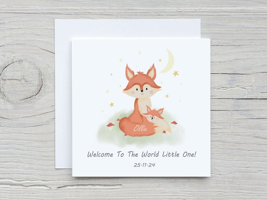 Woodland Fox New Baby Card, Personalized Keepsake