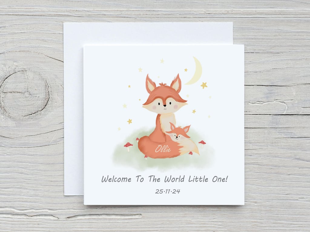 Woodland Fox New Baby Card, Personalized Keepsake