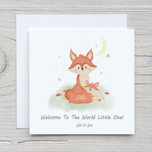 Woodland Fox New Baby Card, Personalized Keepsake