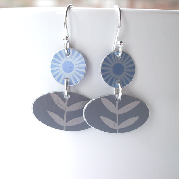 Folk art flower earrings in blue and grey slight seconds