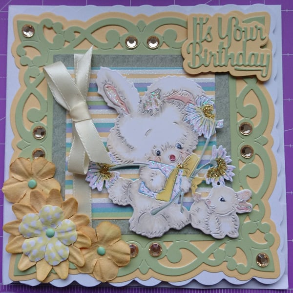 Birthday Card Cute Bunny Rabbits Glitter Gift Flowers 3D Luxury Handmade Green