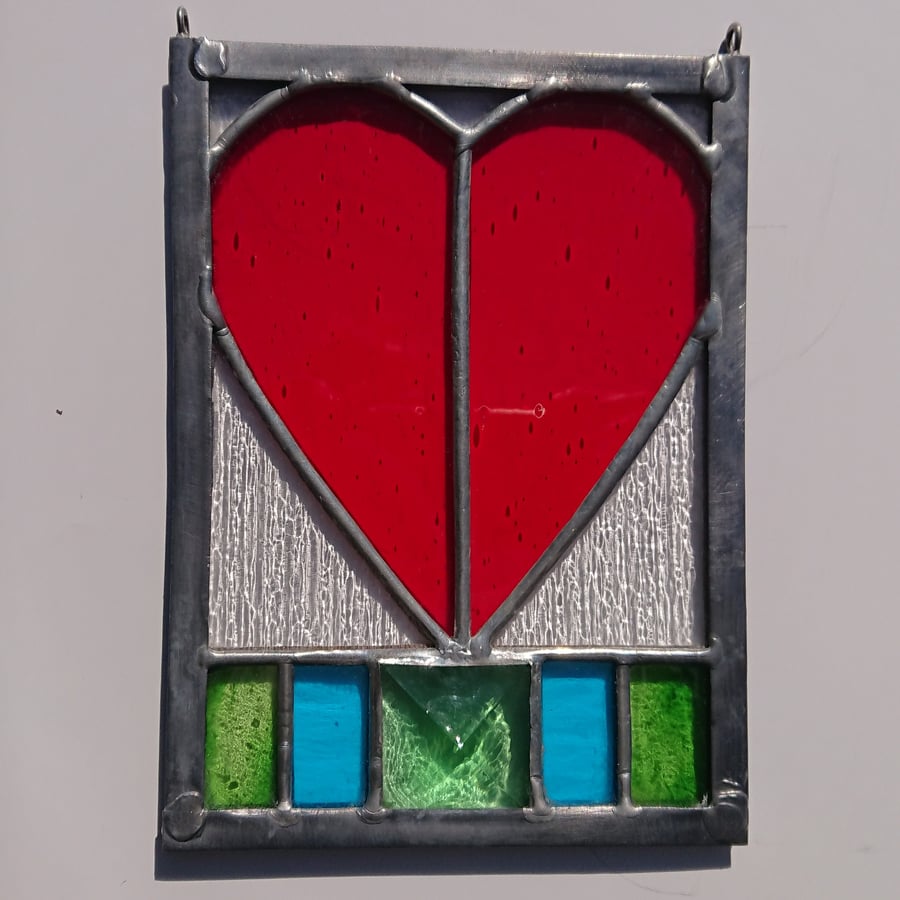 SOLD Stained glass bright red heart hanging panel. Copperfoil and lead.