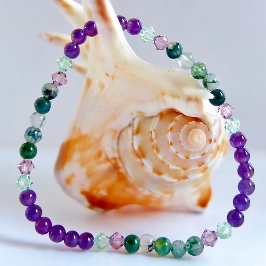 Amethyst, Moss Agate & Crystal Bracelet - Birthday, Anniversary, Gifts For Her