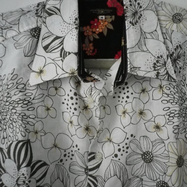 Floral design on white ground, contrast yoke, size M , free shipping