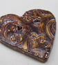 Medium Dark Copper Brocade Texture Heart Shaped Ceramic Button - Image 2