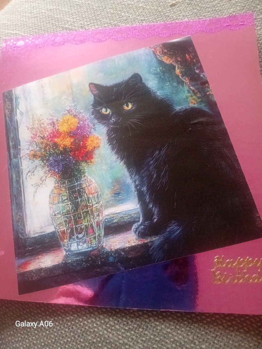 Black Cat with Flowers handmade Birthday Card