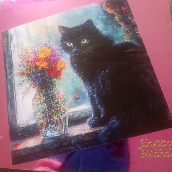 Black Cat with Flowers handmade Birthday Card