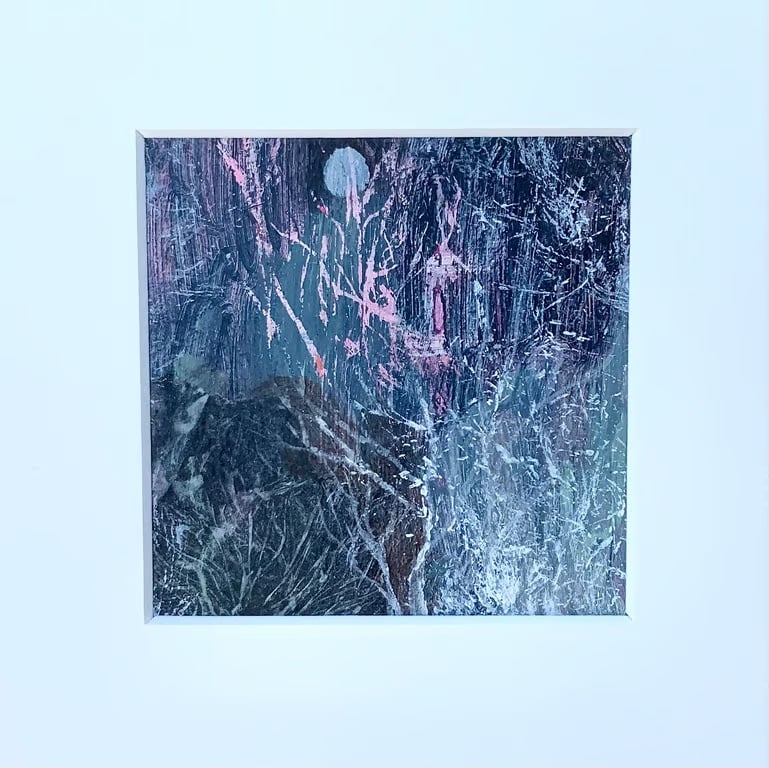 Frosted Foliage, mounted original mixed media painting