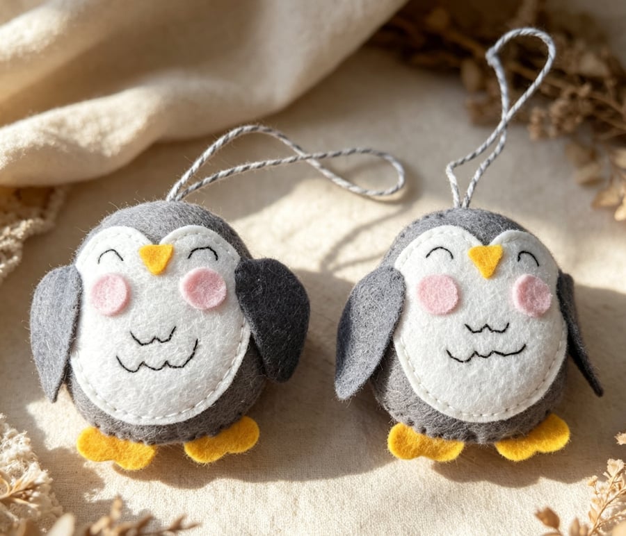 Handmade Penguin Felt Ornaments Set of Two Cute Winter Hanging Decorations