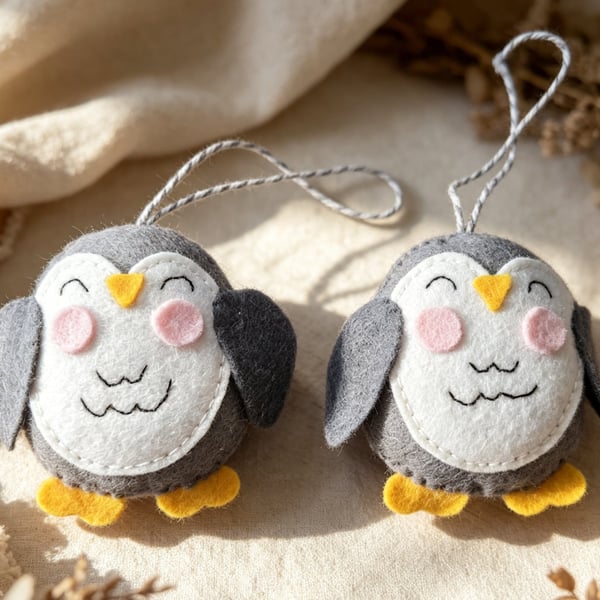 Handmade Penguin Felt Ornaments Set of Two Cute Winter Hanging Decorations