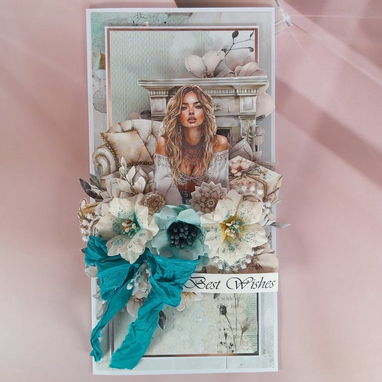 Luxury Handmade Best Wishes Card. Teal & Ivory Floral 3D Greeting Card. (J)