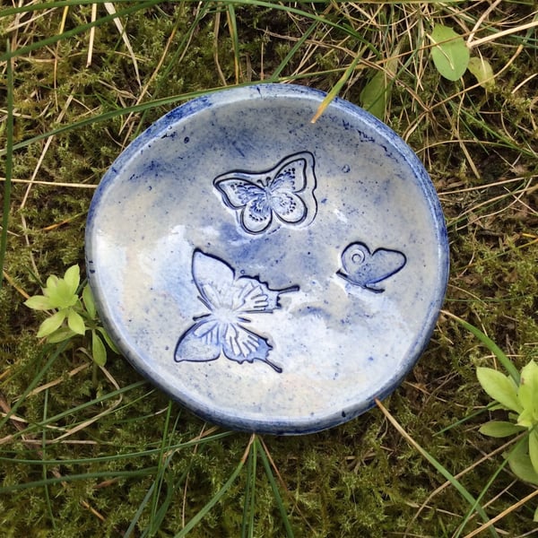 Blue ring holder with Butterfly and dragonfly, Trinket dish,  stoneware tea