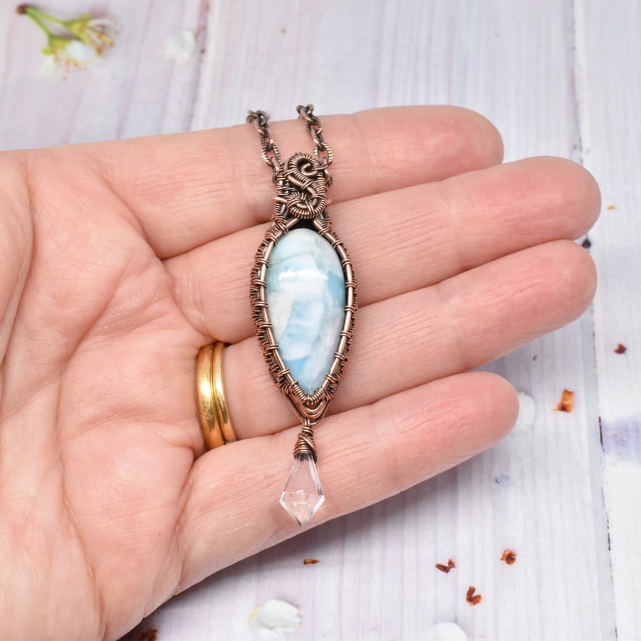 Wire Woven Larimar, Clear Quartz and Copper Pendant