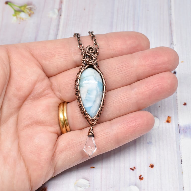 Wire Woven Larimar, Clear Quartz and Copper Pendant