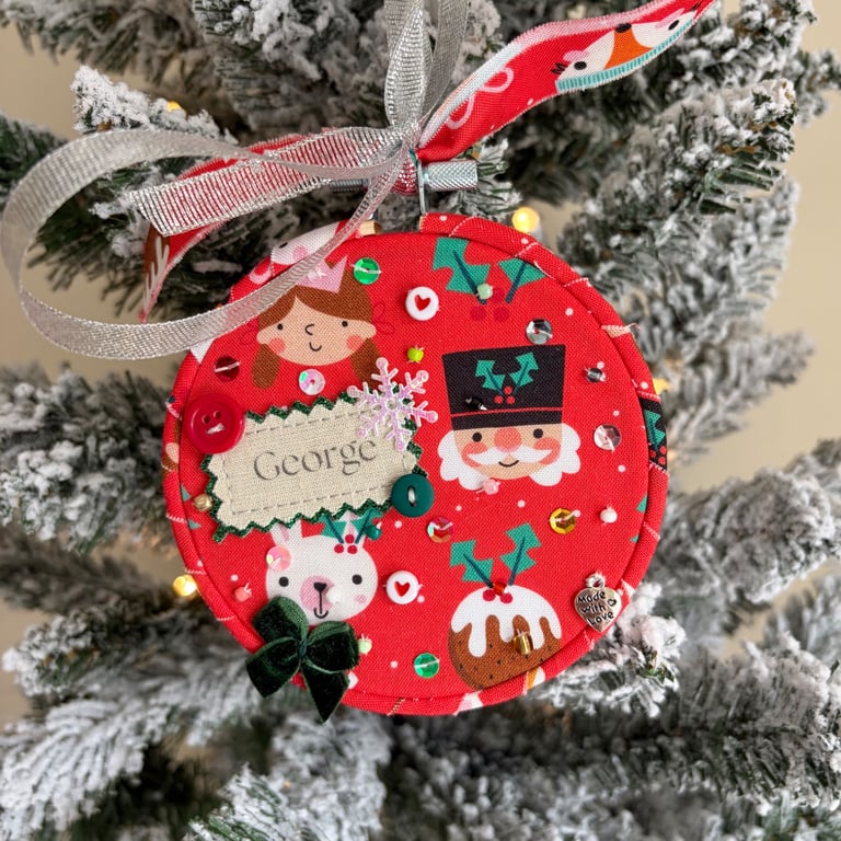 Personalised Red Festive Bauble - George Name Hoop - Handmade Nutcracker Keepsak