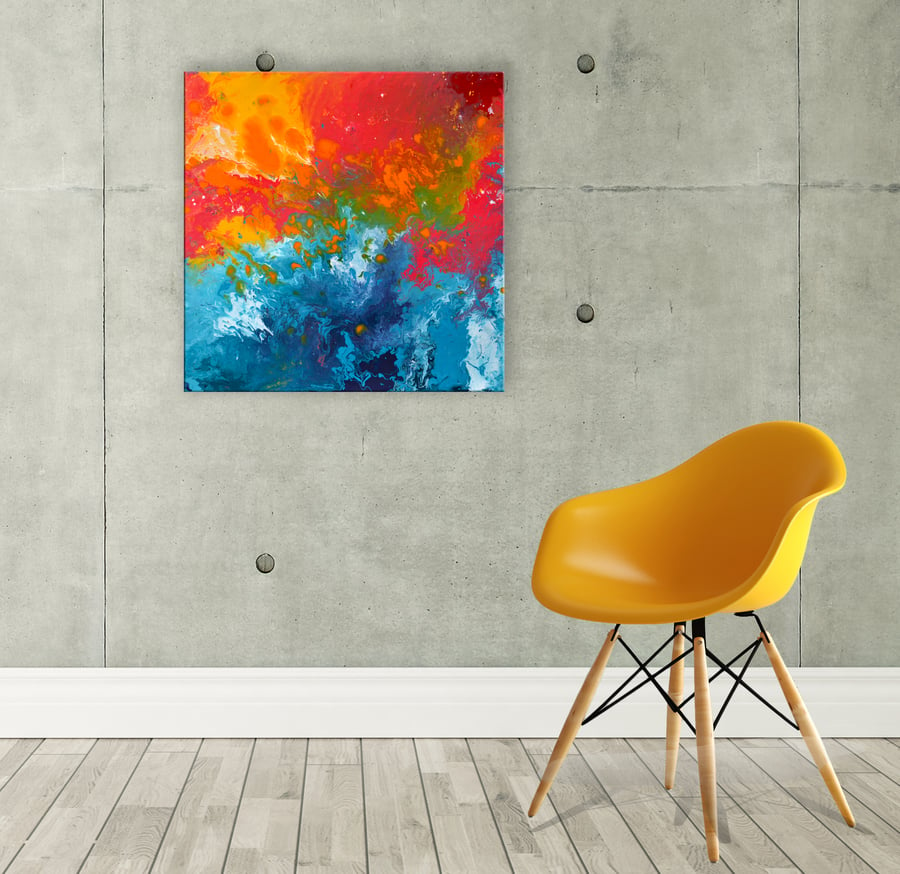 Incalescence - Turquoise & Orange Square Abstract Painting by Louise Mead