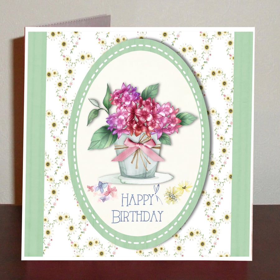 Female birthday card with bouquet of pink flowers