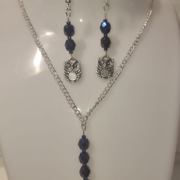 Owl charm necklace and earrings set