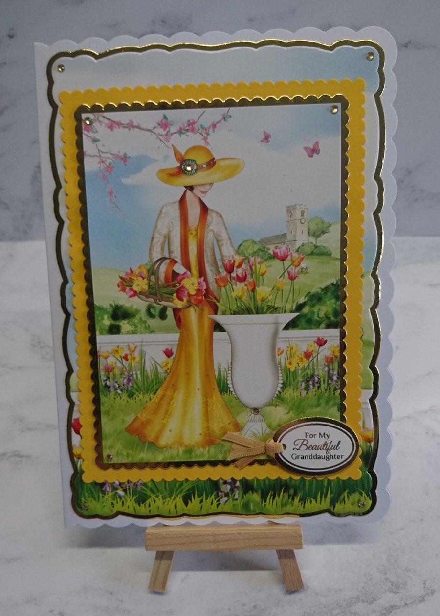 Granddaughter Birthday Card Art Deco Lady in Yellow 3D Luxury Handmade Card