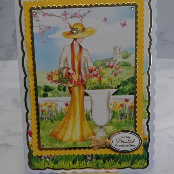 Granddaughter Birthday Card Art Deco Lady in Yellow 3D Luxury Handmade Card