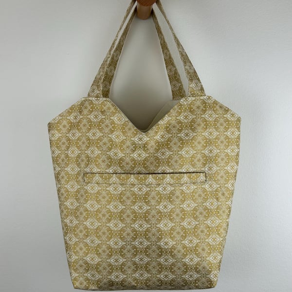 Prime Cotton Handmade Tote Bag with Vintage Floral Pattern, Cute Gold and Cream 