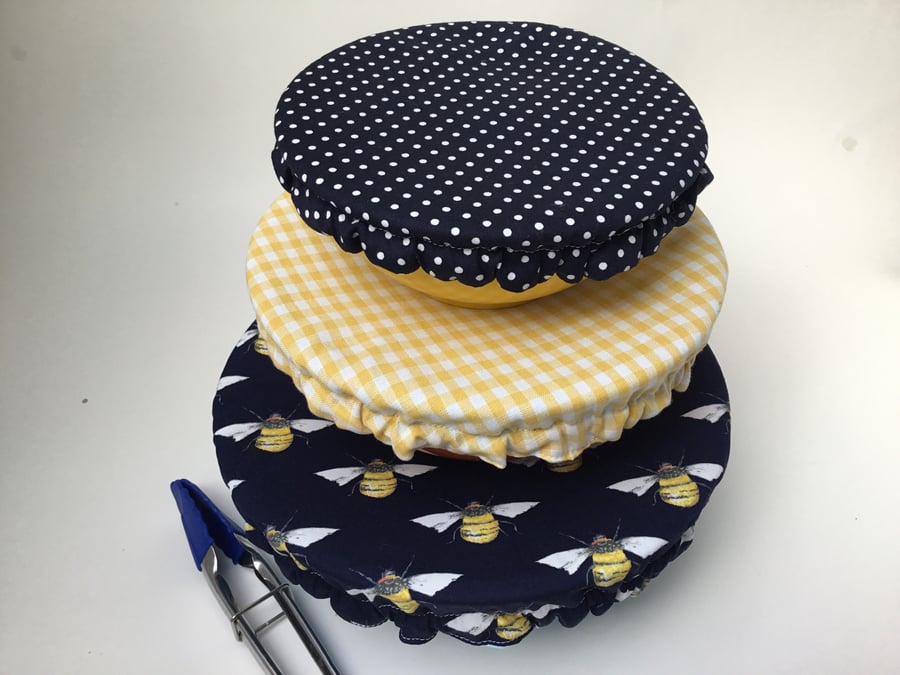 Set of 3 reusable bowl covers to keep food fresh. Navy and yellow with bees