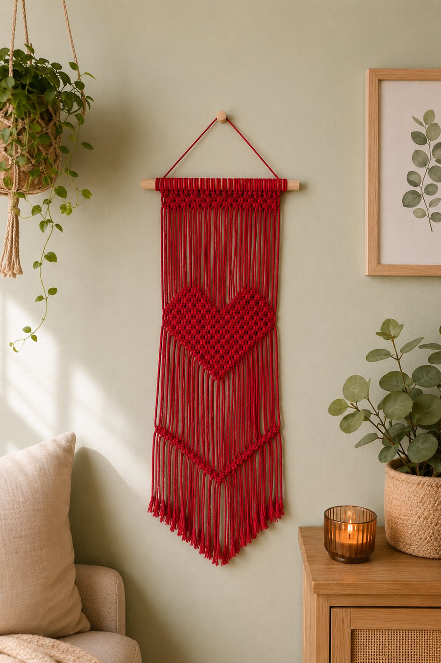 Red Macrame Wall Hanging Boho Heart Decor Handmade Cotton Wall Art.