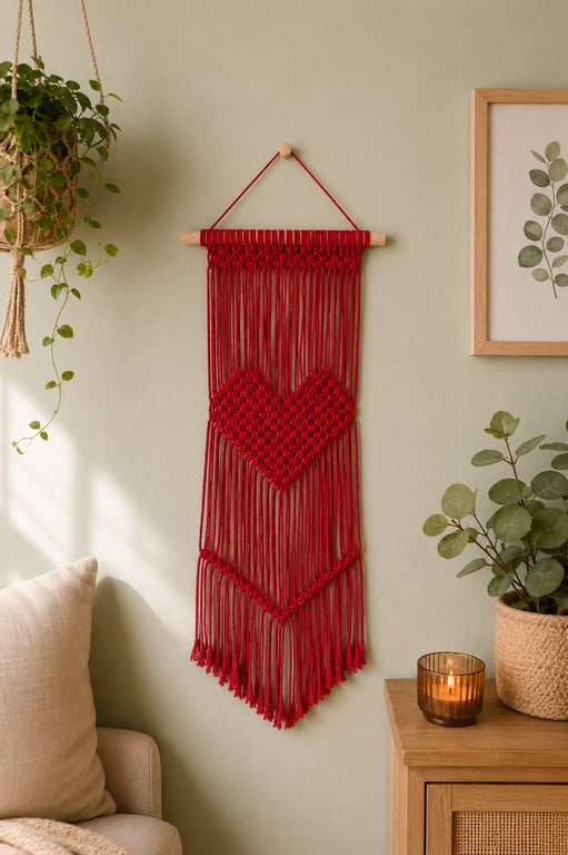 Red Macrame Wall Hanging Boho Heart Decor Handmade Cotton Wall Art.