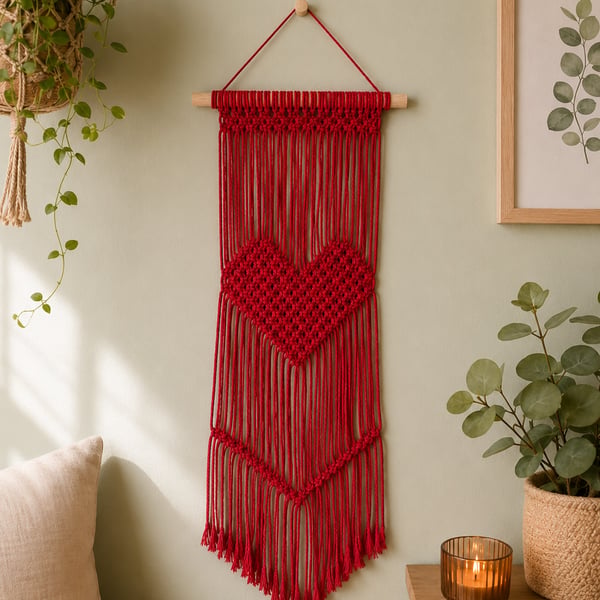 Red Macrame Wall Hanging Boho Heart Decor Handmade Cotton Wall Art.