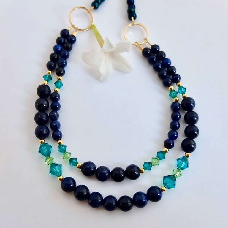 Two Strand Lapis Lazuli Necklace With Swarovski Crystals - Handmade In Devon.