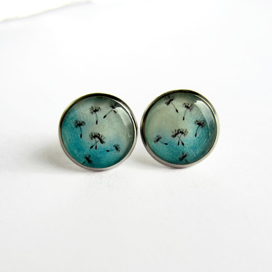 Turquoise Dandelion Seeds Resin Stud Earrings - Hypoallergenic