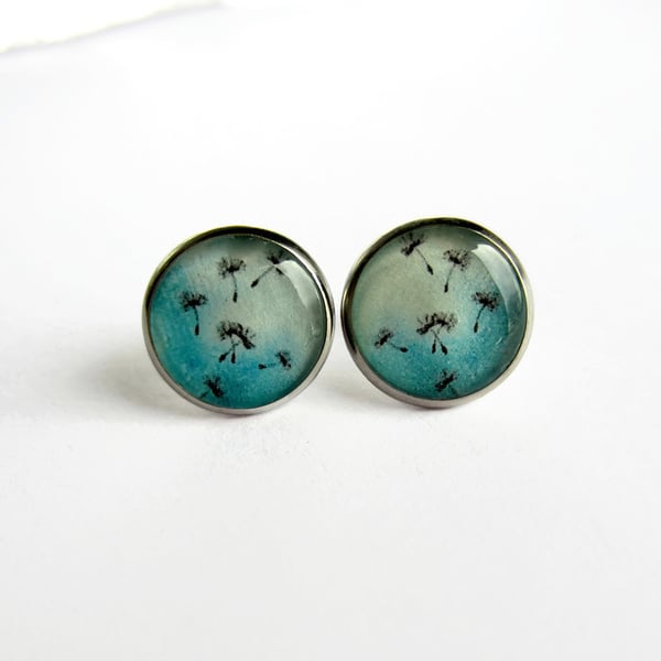 Turquoise Dandelion Seeds Resin Stud Earrings - Hypoallergenic