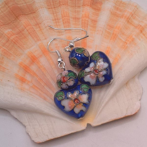 Cobalt Blue Cloisonne Heart & Round Bead Earrings, Gift for Her, Heart Earrings