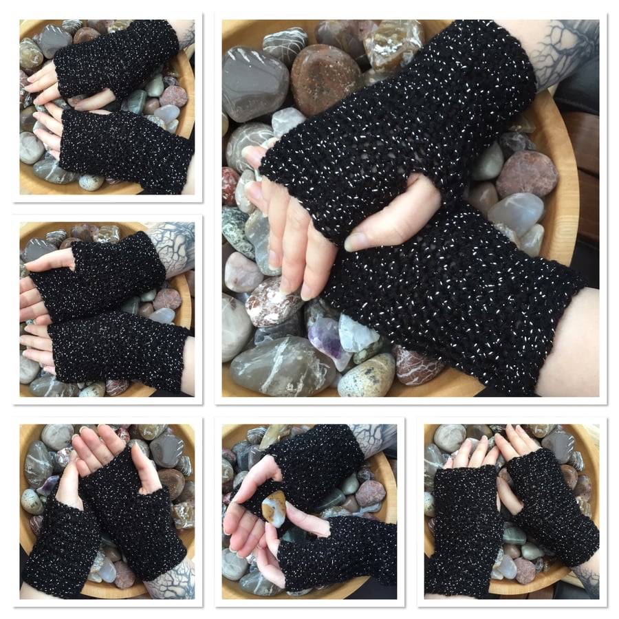 Starry Night! Black Twinkle Crocheted Fingerless Mittens, or Wrist Warmers.