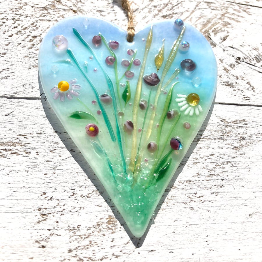 Glass Meadow Heart with Delicate Pink & Purple Flowers