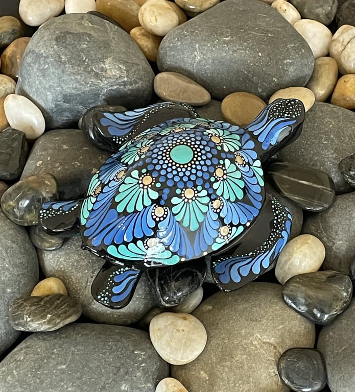 Blue Turtle Mandala Rock Art Stone Acrylic Art Painting Hand Painted Unique