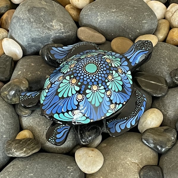 Blue Turtle Mandala Rock Art Stone Acrylic Art Painting Hand Painted Unique