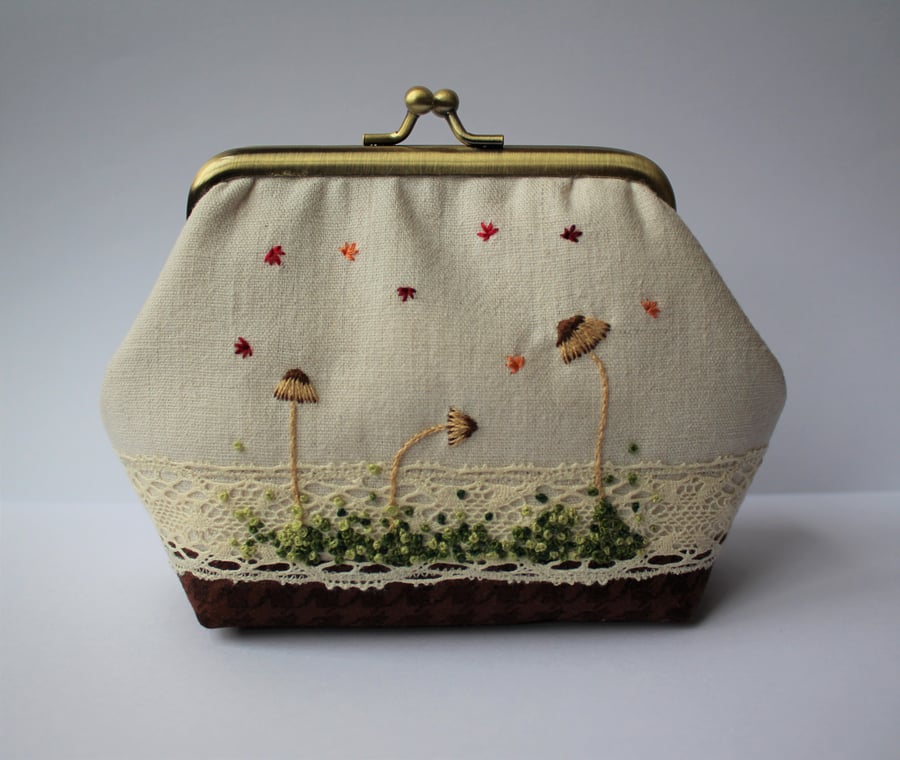 Mushrooms and Moss Autumnal Textile Art Mini Clutch