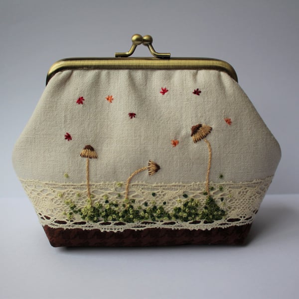 Mushrooms and Moss Autumnal Textile Art Mini Clutch