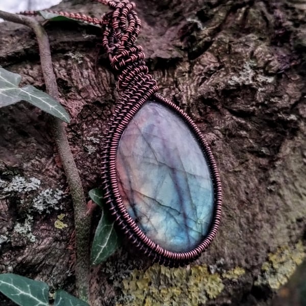 Labradorite Rainbow Copper Viking Braid Pendant