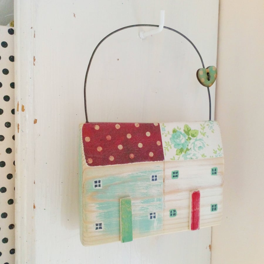 SALE - Little Wooden Hanging Houses with Spotty Heart Button