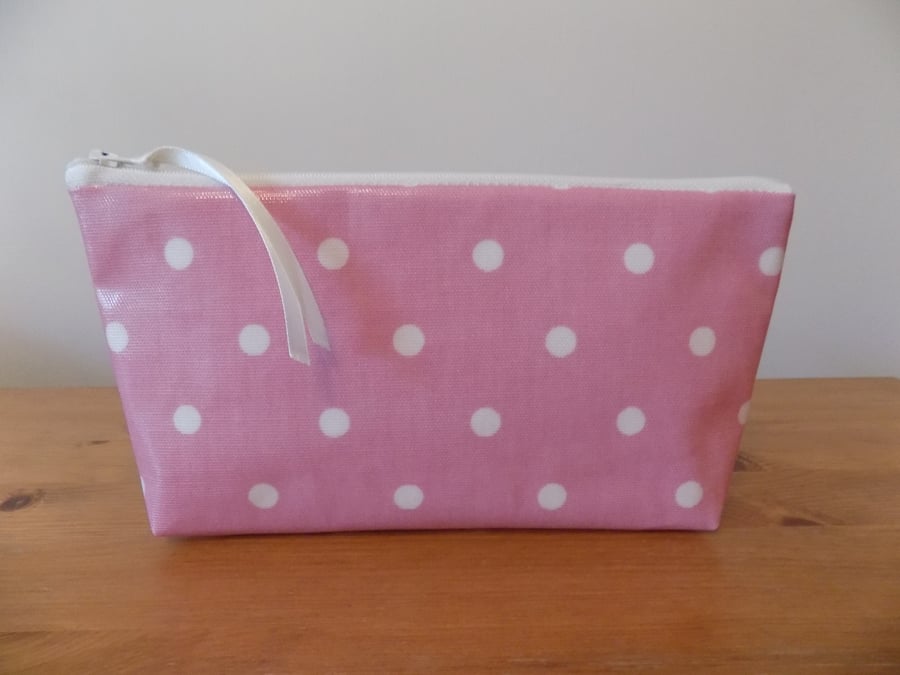 Pink & White Polka Dot Pencil Case Oil Cloth Fabric Make Up Cosmetics Bag